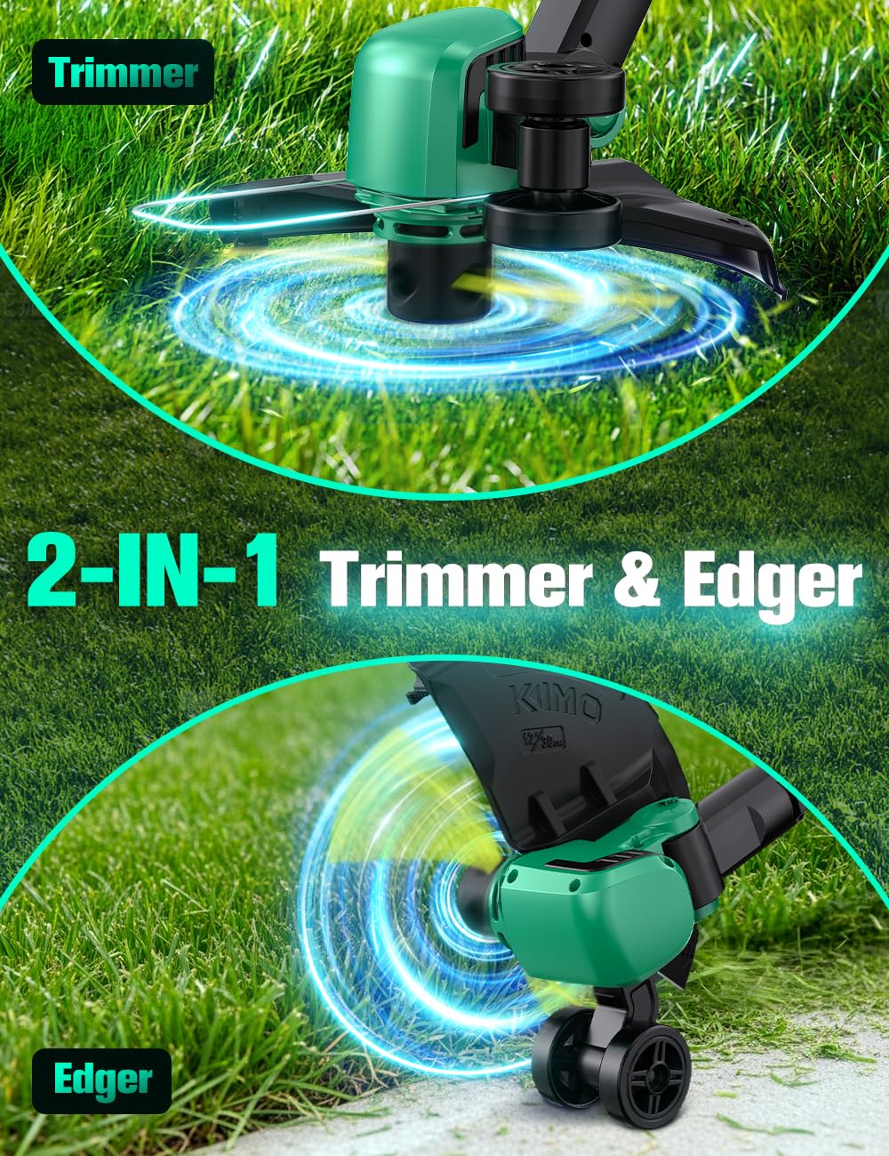 Wheeled design on KIMO weed wacker enables smooth maneuverability around plants.