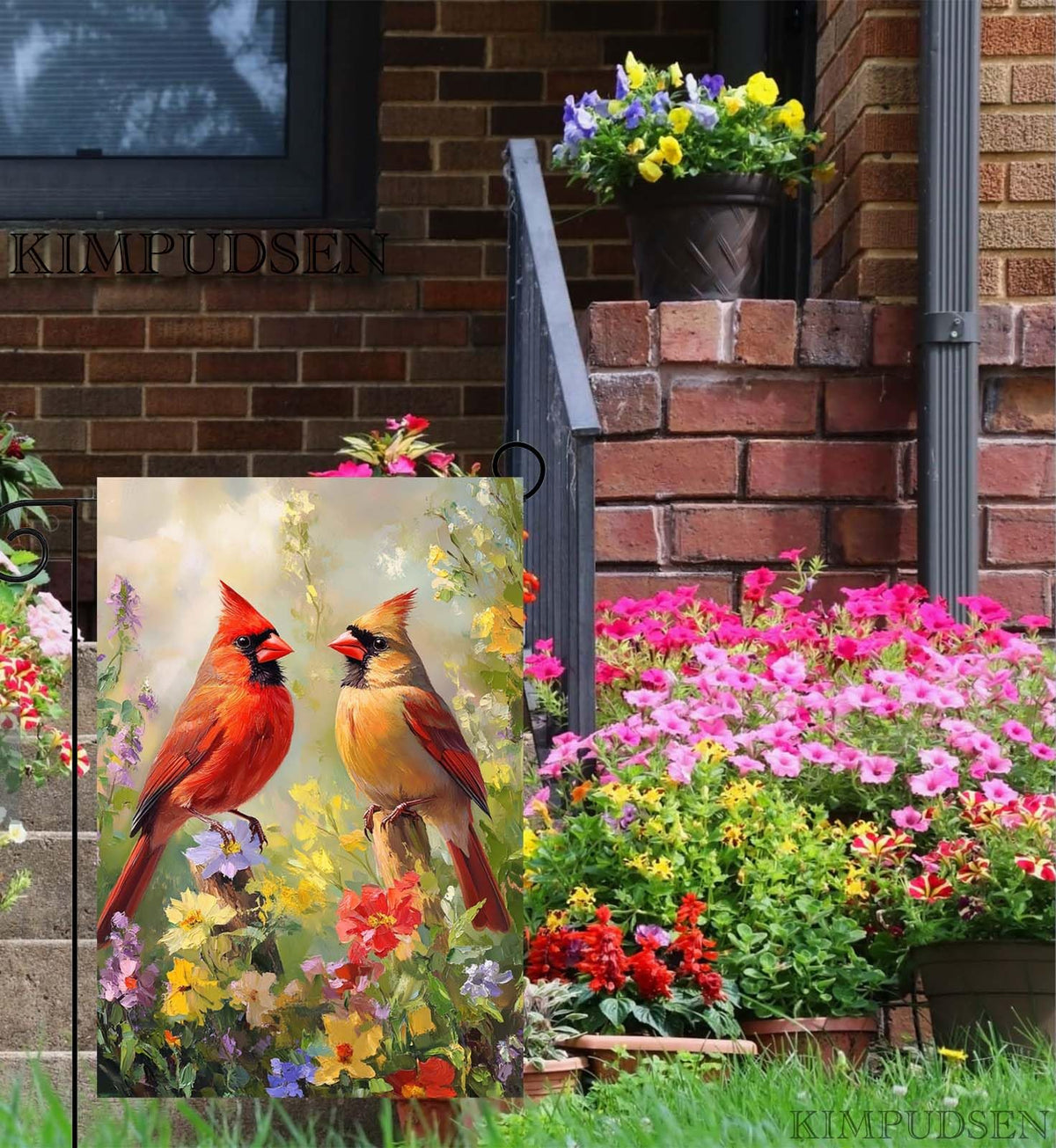KIMPUDSEN spring flag with cardinal, double-sided print visible from both directions.