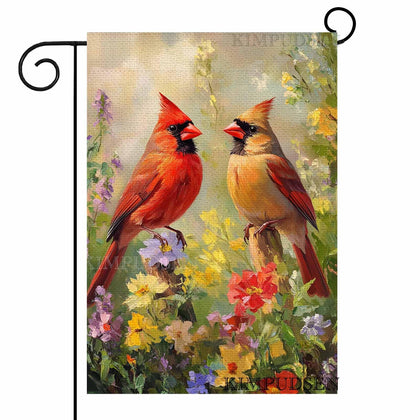 KIMPUDSEN cardinal garden flag, burlap flowers, durable outdoor decor for spring and summer gardens.