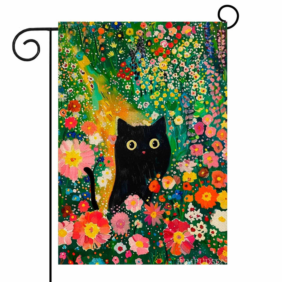 KIMPUDSEN Spring Summer Cat Garden Flag outside 12x18 with vibrant floral design