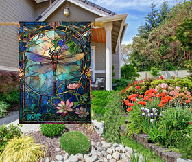KIMPUDSEN stained glass dragonfly flag, back view, detailed colors visible from both sides.