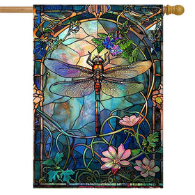 KIMPUDSEN stained glass dragonfly flag, front view, vibrant double-sided display enhances curb appeal.