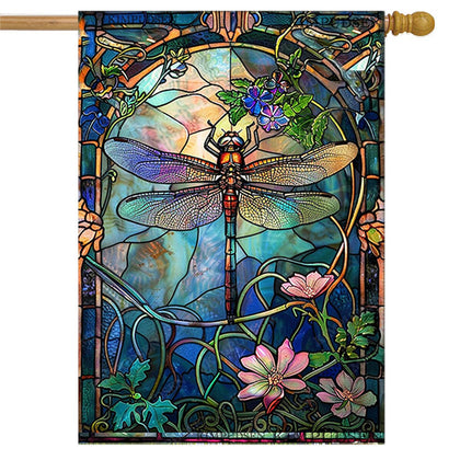 KIMPUDSEN stained glass dragonfly flag, front view, vibrant double-sided display enhances curb appeal.