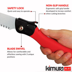 Kimura chrome-plated blade resists sap and rust for smooth cutting.