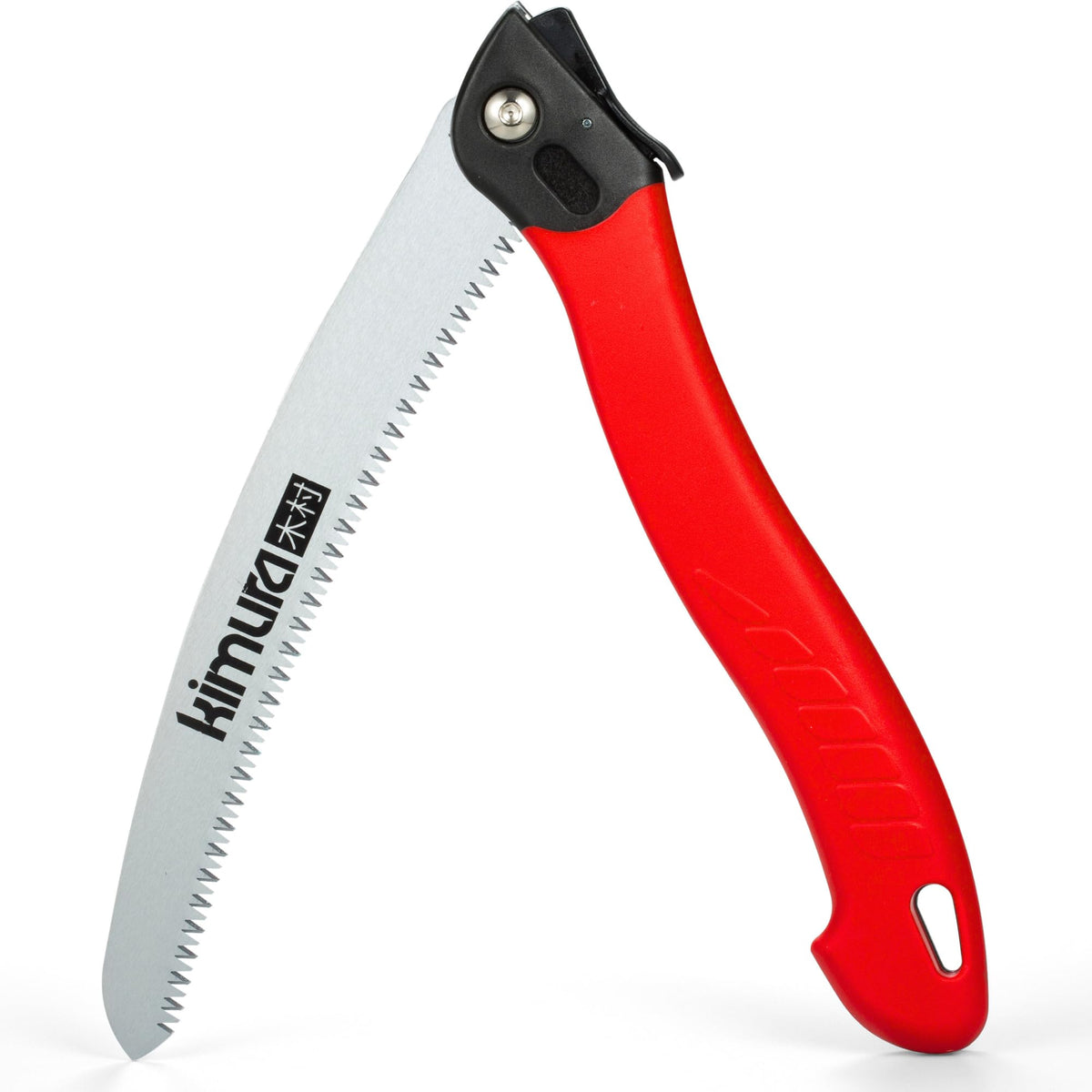 Kimura folding saw with 10-inch curved blade for precise branch cutting.