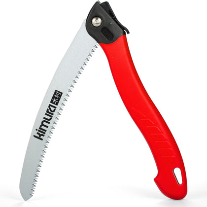Kimura folding saw with 10-inch curved blade for precise branch cutting.