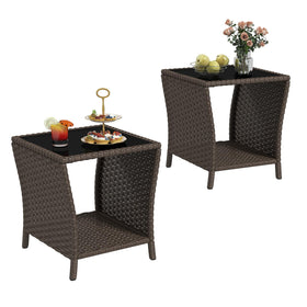 Kinbor outdoor wicker side table with glass top provides a sleek, easy-to-clean surface.