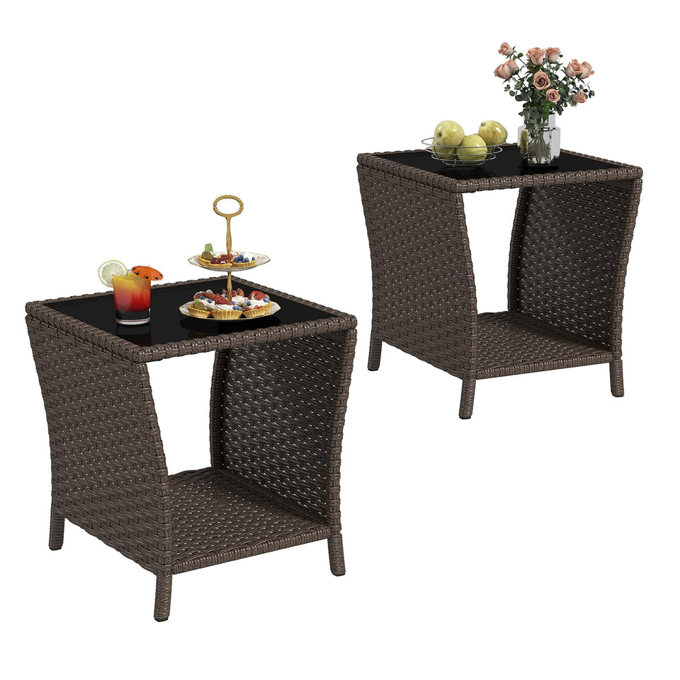Kinbor outdoor wicker side table with glass top provides a sleek, easy-to-clean surface.