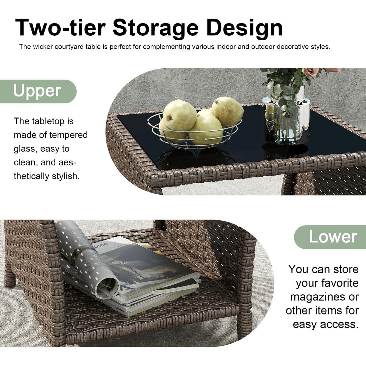 Kinbor compact wicker table on a balcony supports beverages and decor.