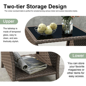 Kinbor compact wicker table on a balcony supports beverages and decor.