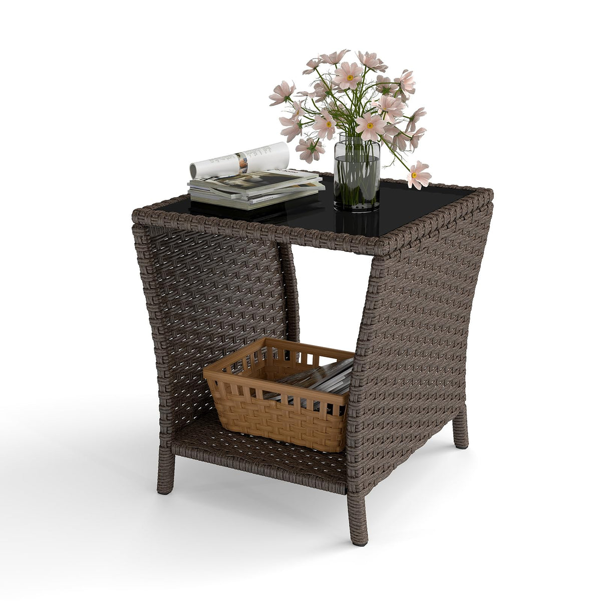 Kinbor wicker side table storage shelf keeps magazines and plants organized.