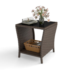 Kinbor wicker side table storage shelf keeps magazines and plants organized.