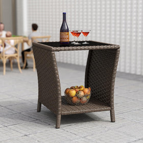 Kinbor Outdoor Wicker Side Table with tempered glass top for easy outdoor entertaining.
