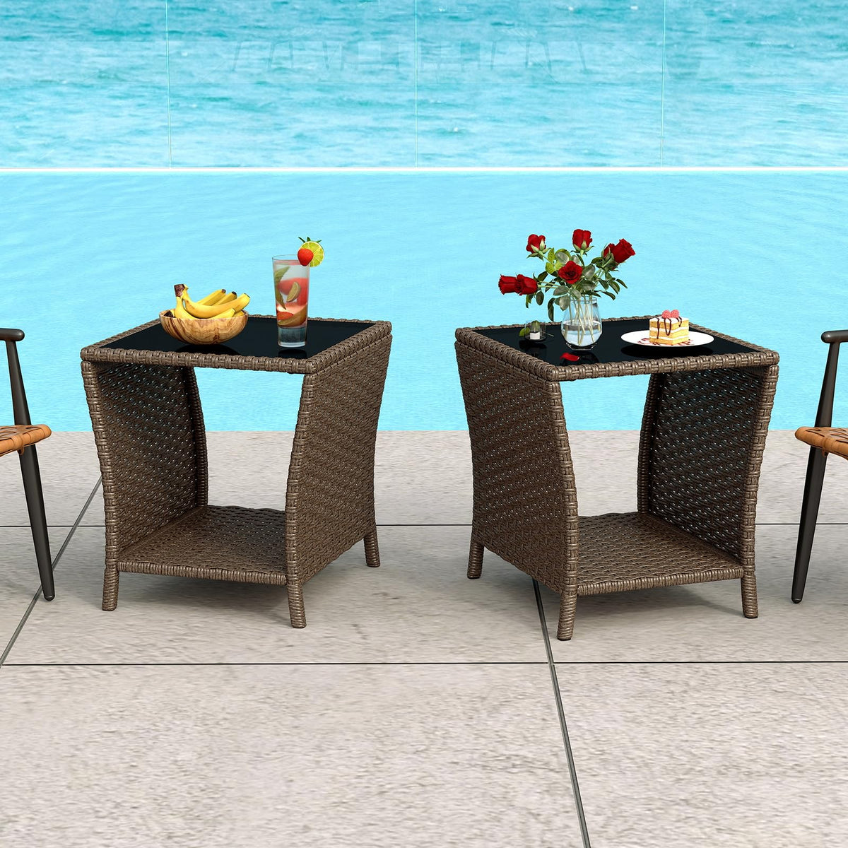 Kinbor set of two wicker tables featuring a hidden storage shelf for magazines.