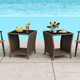 Kinbor set of two wicker tables featuring a hidden storage shelf for magazines.