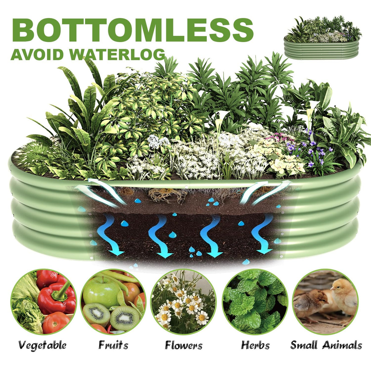 Kinddeer oval bed size 46 by 23.6 inches for vegetables and flowers.