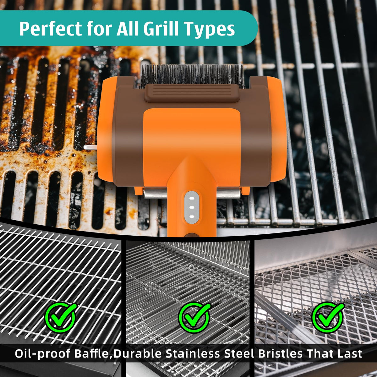 Kindoo 304 stainless steel head offers durable, safe grill cleanup.