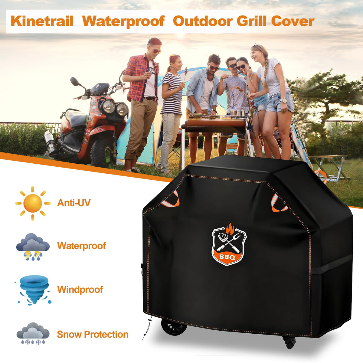 Kinetrail grill cover drawstring-bottom keeps it secure on windy days.
