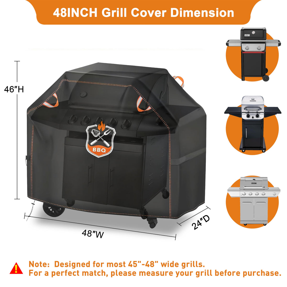 Kinetrail grill cover side-view shows adjustable straps for wind resistance.