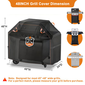 Kinetrail grill cover side-view shows adjustable straps for wind resistance.