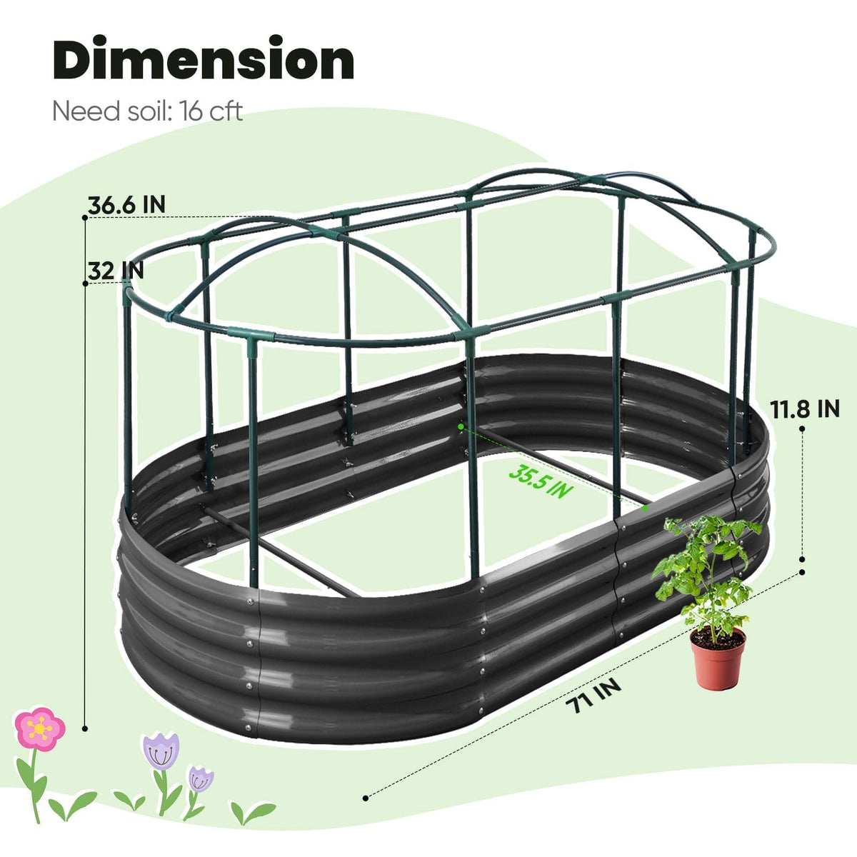 KING BIRD arched top frame increases interior space for larger plants.