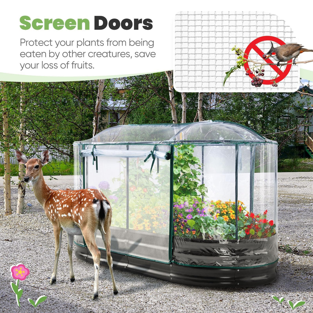 KING BIRD dual zippered screen doors enable easy access and airflow while protecting plants.