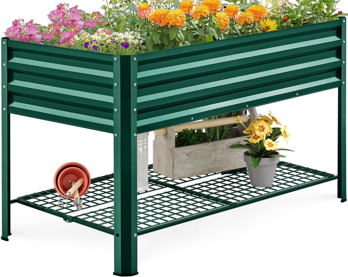 King Bird galvanized raised garden bed with legs and storage shelf, ideal for organized outdoor gardening.