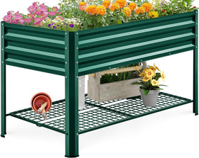 King Bird galvanized raised garden bed with legs and storage shelf, ideal for organized outdoor gardening.