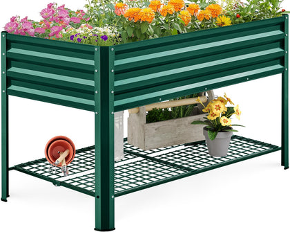 King Bird galvanized raised garden bed with legs and storage shelf, ideal for organized outdoor gardening.