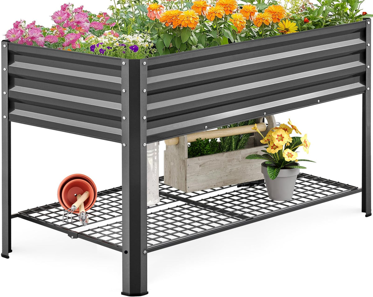 KING BIRD large raised garden bed with legs and storage shelf, front view.