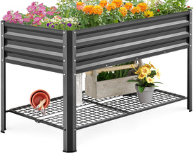KING BIRD large raised garden bed with legs and storage shelf, front view.