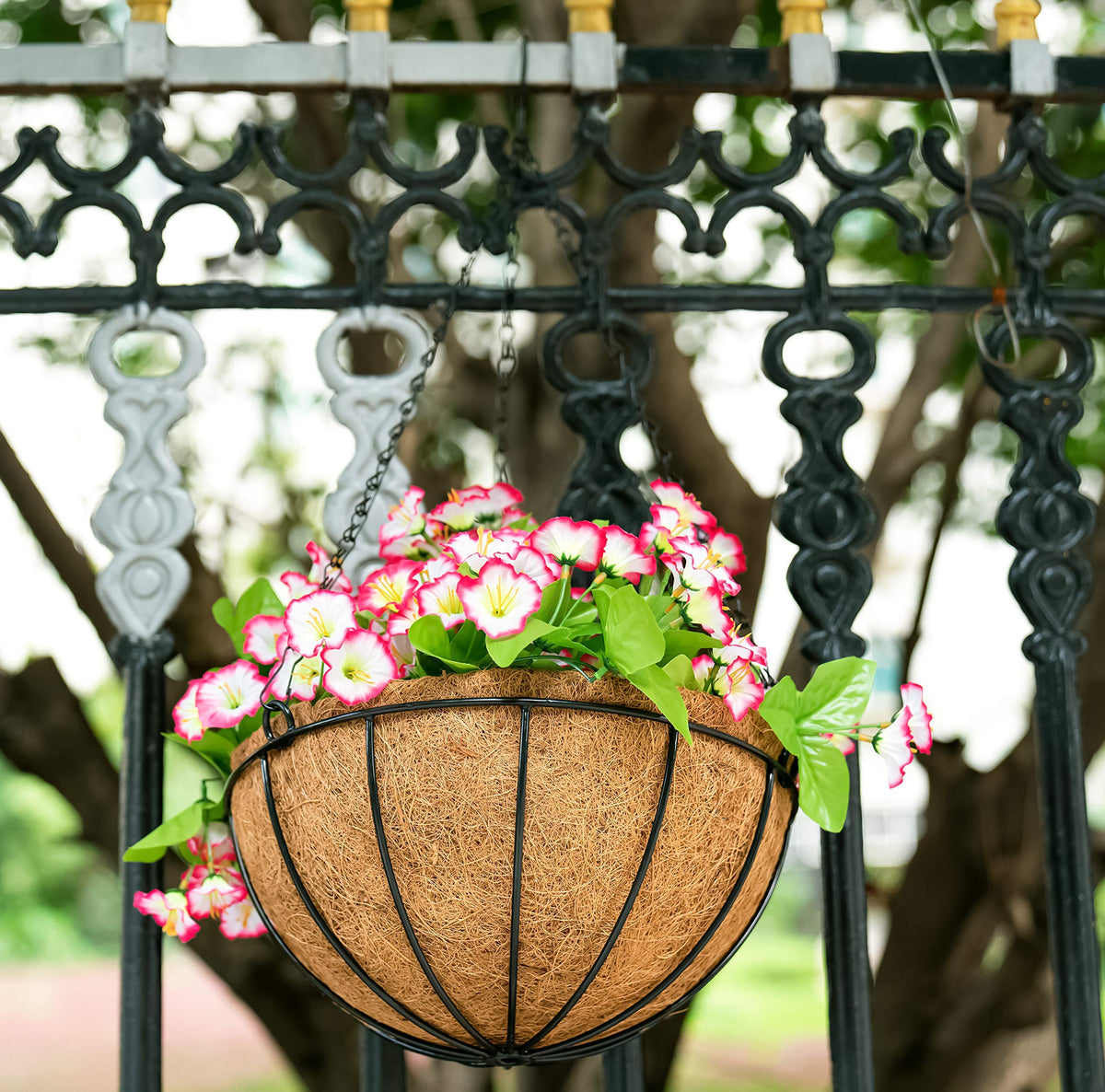 Durable metal hanging planter designed for long-term outdoor and indoor use.