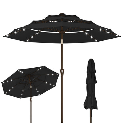 Kingdura 10ft patio umbrella with solar LEDs provides warm ambient lighting for evenings.