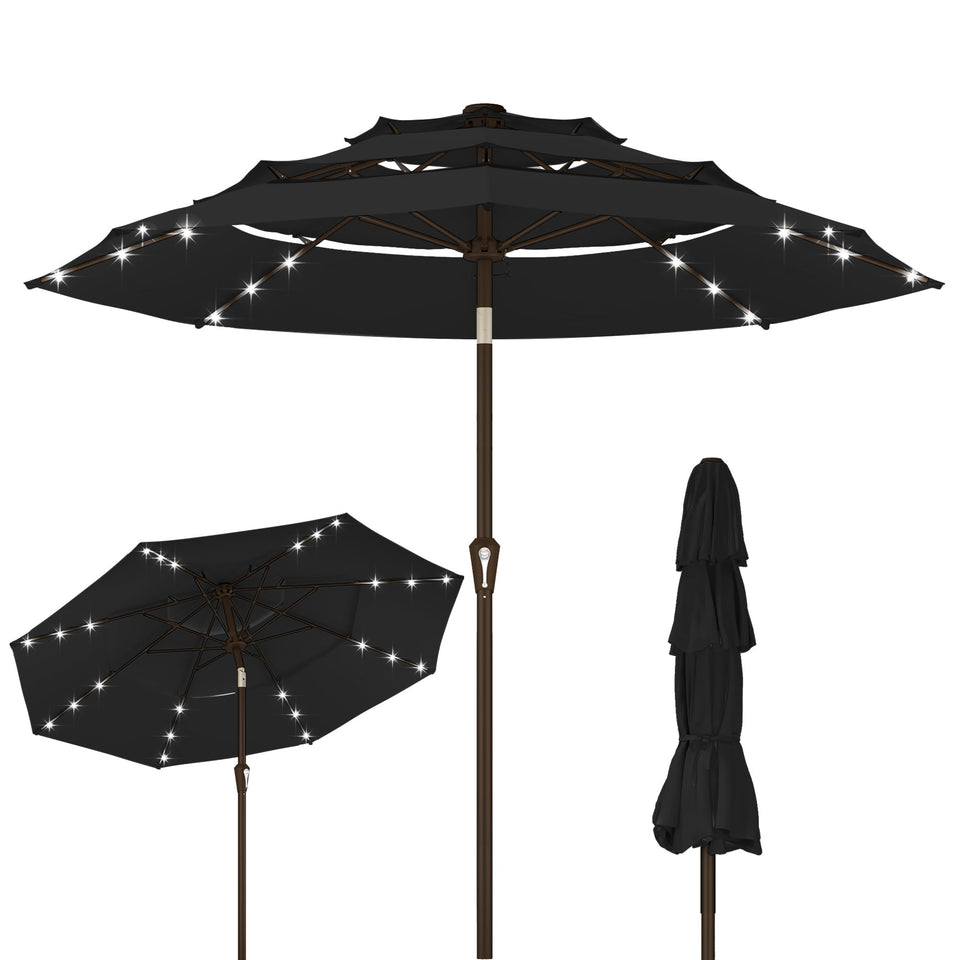 Kingdura 10ft patio umbrella with solar LEDs provides warm ambient lighting for evenings.