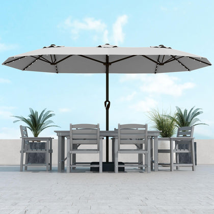Kingdura 15ft umbrella with LED-lit ribs providing ambient evening lighting