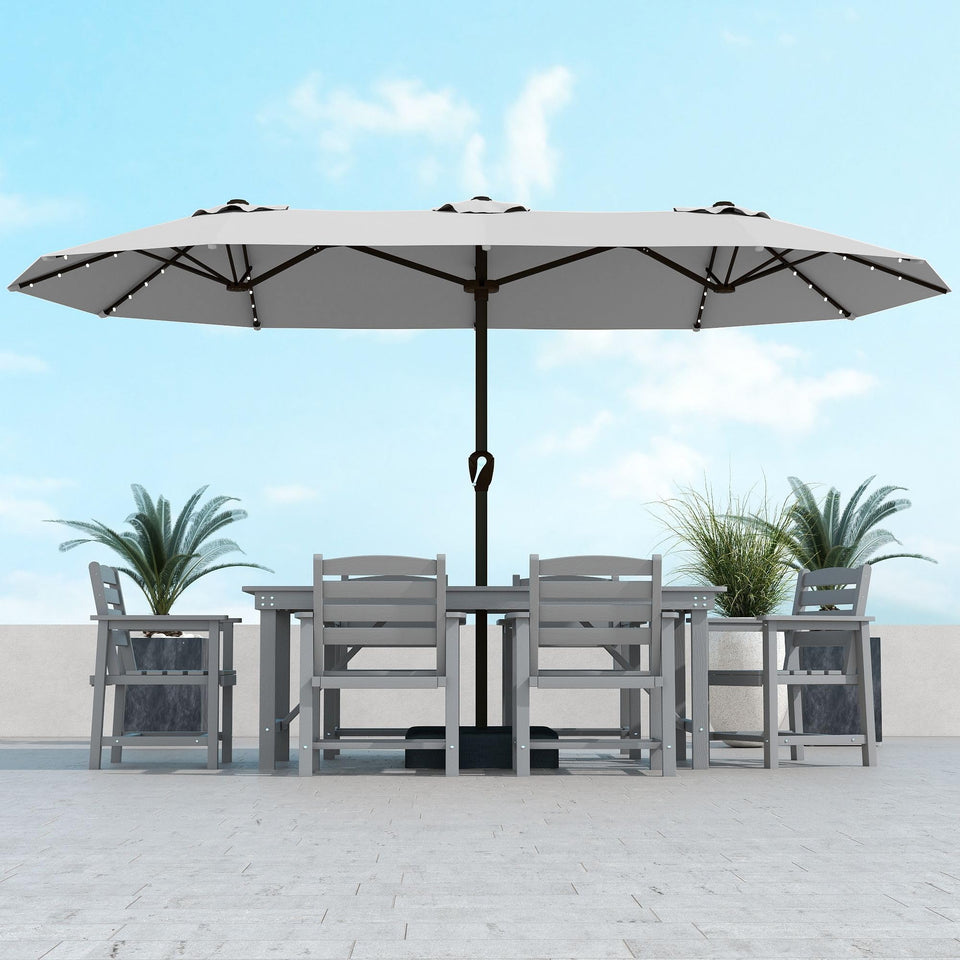 Kingdura 15ft umbrella with LED-lit ribs providing ambient evening lighting