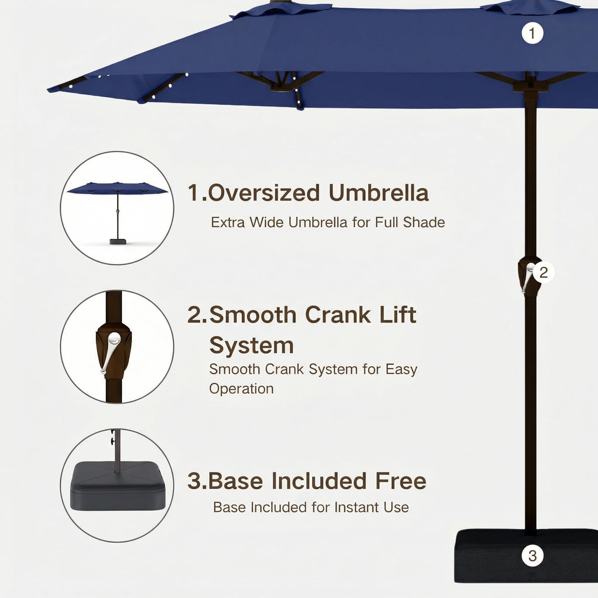 Kingdura cross-shaped base with sandbags provides stability.