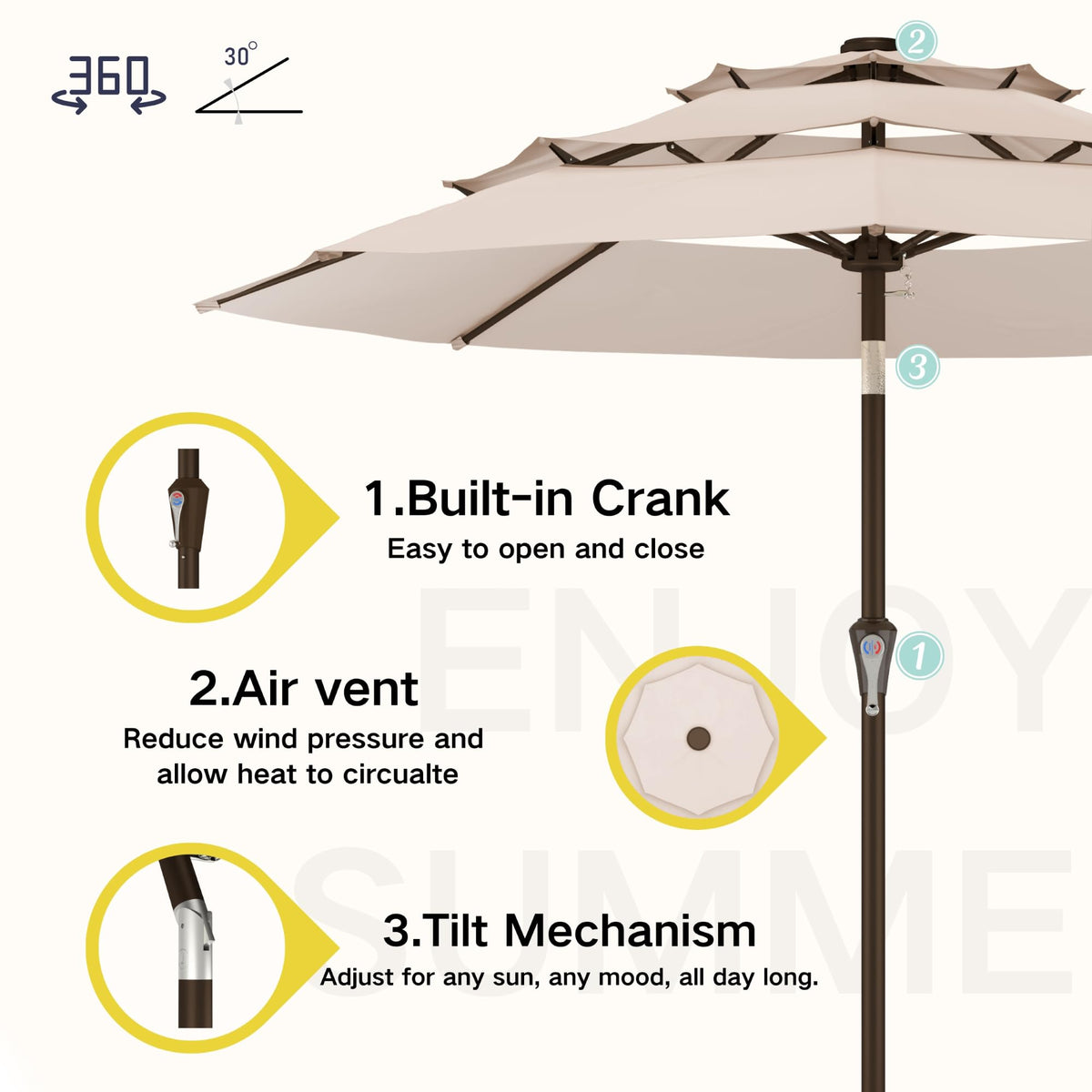 Kingdura metal pole and ribs ensure stable performance in breezy weather