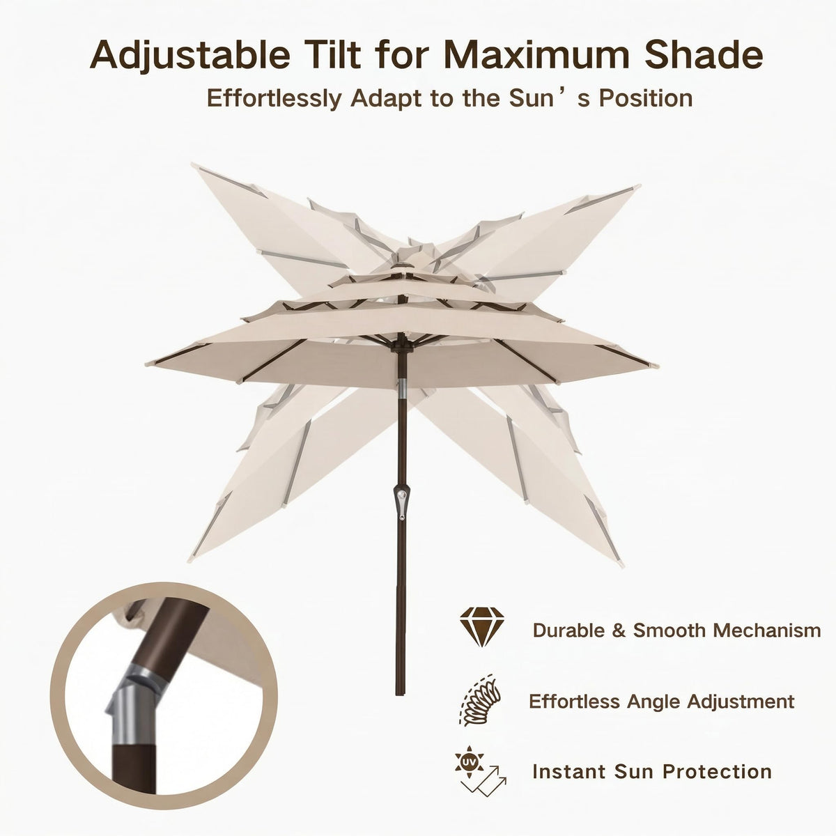 Kingdura tilt mechanism allows sun-blocking from multiple angles