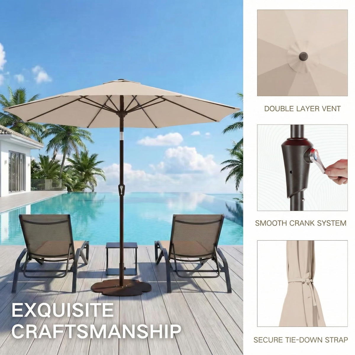 Kingdura beige color umbrella glows in sunlight for warm shade