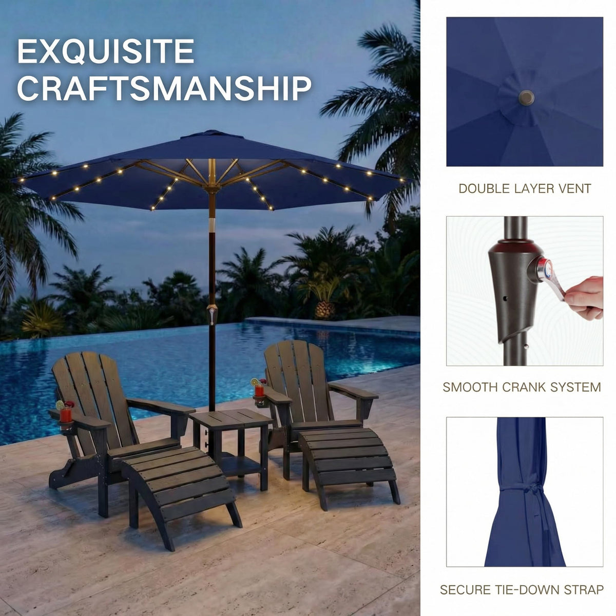 Dining setup under Kingdura umbrella with 6-8 chairs