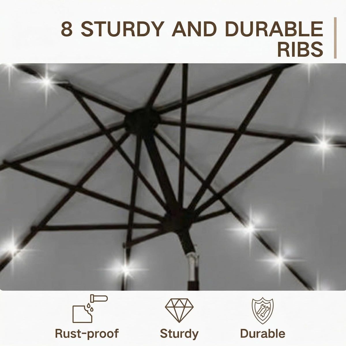 32 solar LEDs create inviting lighting for outdoor gatherings.