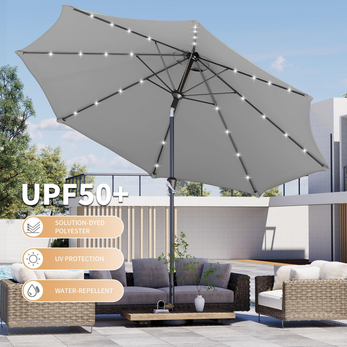 UV 50+ fabric protects guests from sun during outdoor dining.