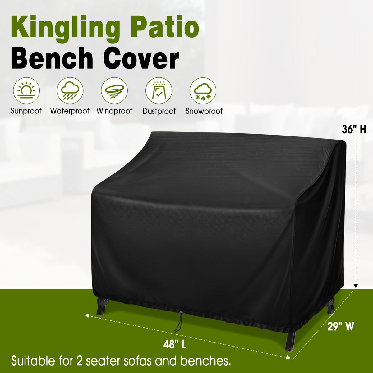 Kingling outdoor bench cover side view showing wind-resistant handles
