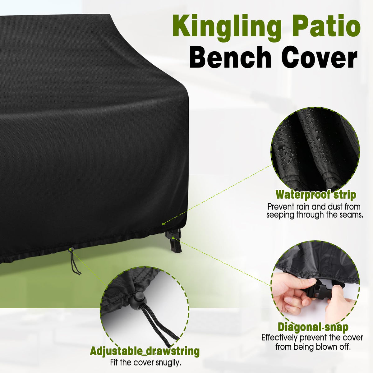 Kingling bench cover with hem strap for secure fit during windy days