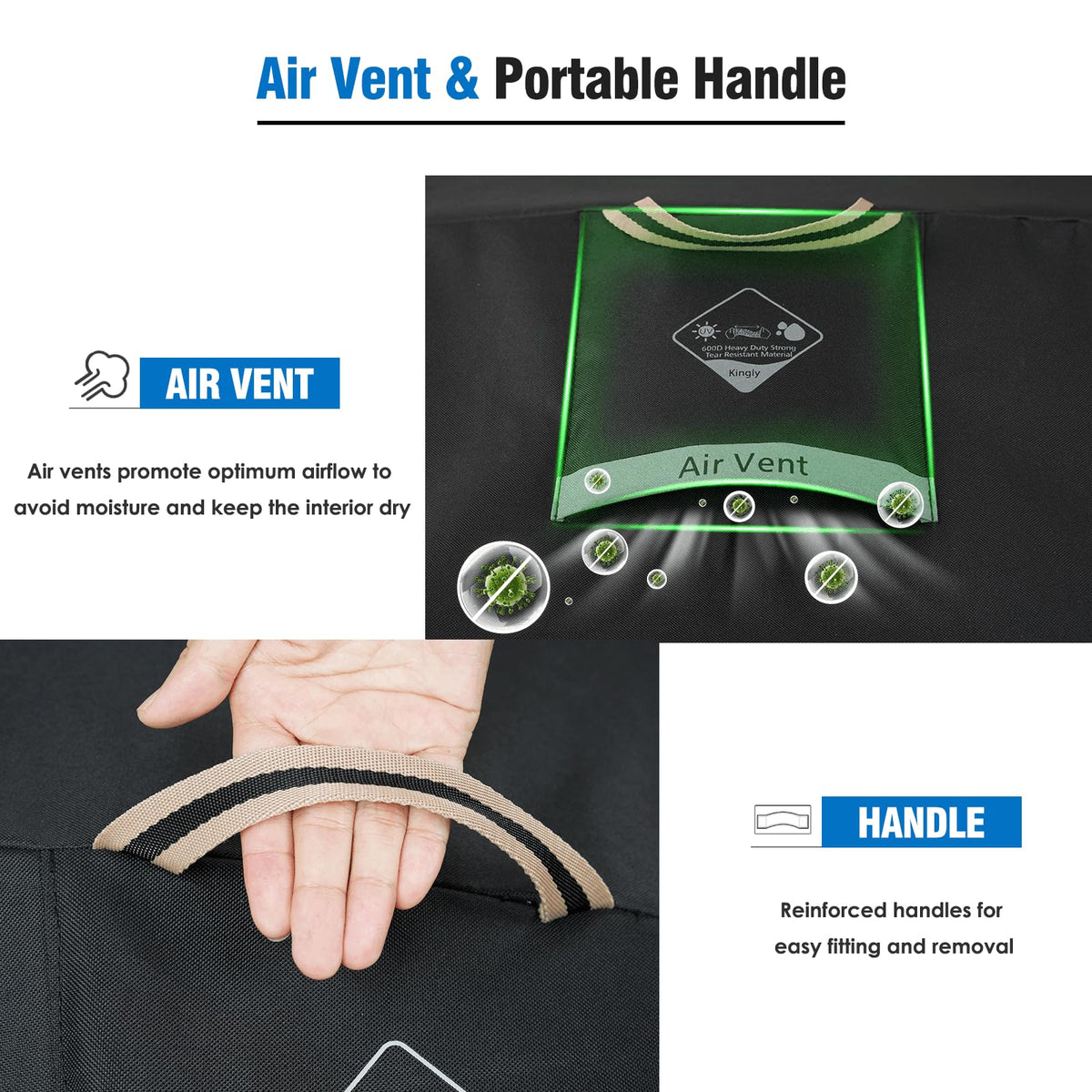 KINGLY outdoor grill cover shielding from sun, dust, and dirt for extended use.