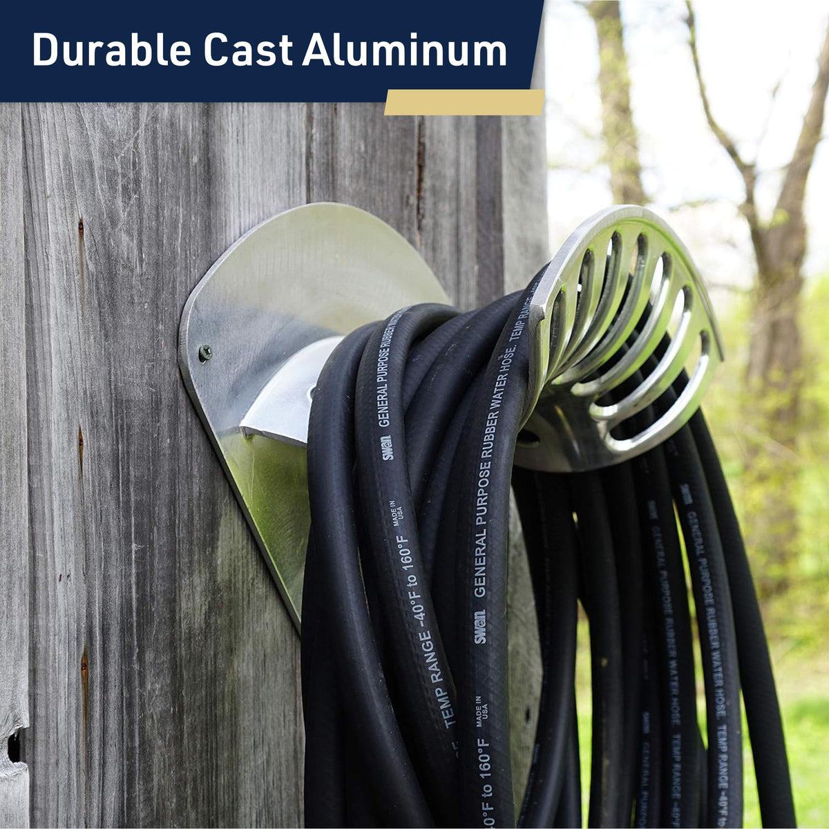 Kings County Tools hose holder wall mount front view shows a low-profile design for exterior appeal.
