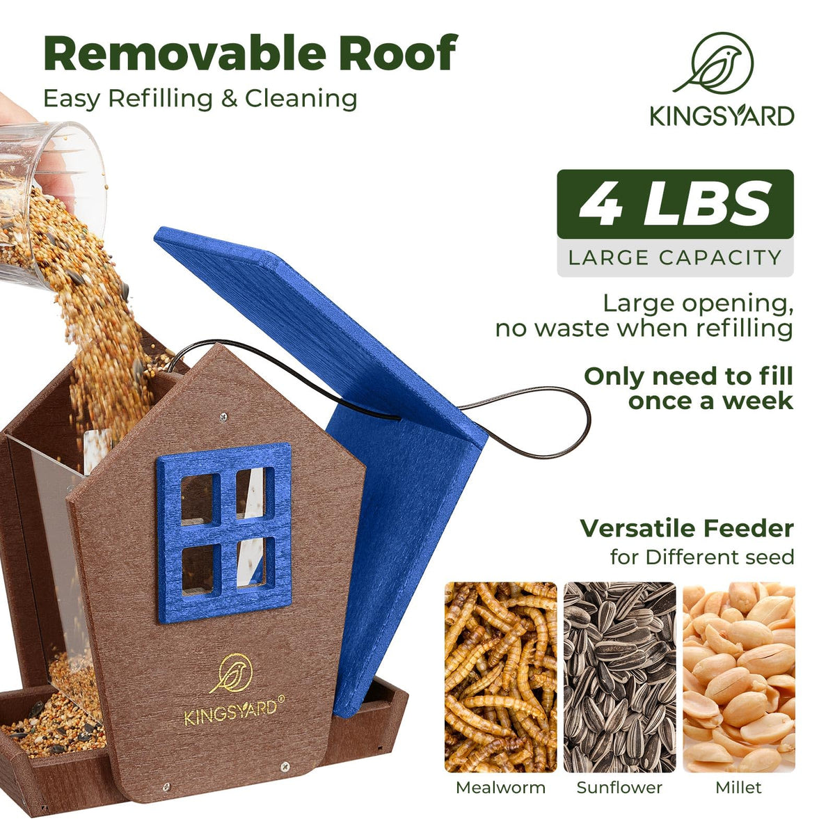 Kingsyard hopper seed-dispensing tray keeps seeds accessible and tidy.