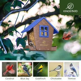 Kingsyard feeder roof with drawcord lock enables easy refilling.
