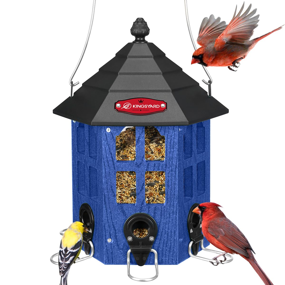 Kingsyard blue feeder hangs easily for versatile yard placement.